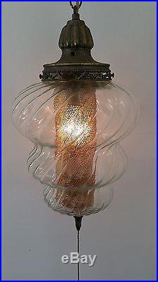 Vintage Retro Clear Swirl Swag Lamp Light Fixture Globe chain hanging gold color