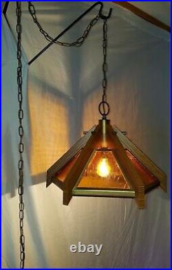 Vintage Retro MCM Amber Glass Swag Light Fixture Lamp