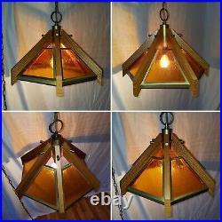 Vintage Retro MCM Amber Glass Swag Light Fixture Lamp