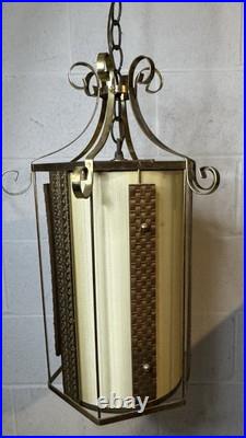Vintage Retro MCM Hanging Light Fixture Brass Rattan Metal Swag Cylinder Pendant