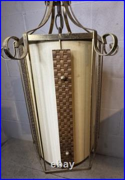 Vintage Retro MCM Hanging Light Fixture Brass Rattan Metal Swag Cylinder Pendant