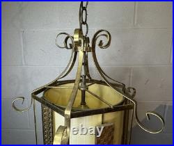 Vintage Retro MCM Hanging Light Fixture Brass Rattan Metal Swag Cylinder Pendant
