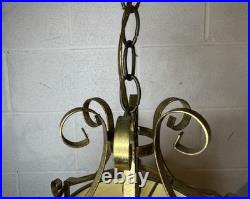 Vintage Retro MCM Hanging Light Fixture Brass Rattan Metal Swag Cylinder Pendant