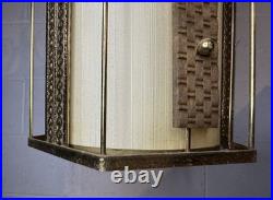 Vintage Retro MCM Hanging Light Fixture Brass Rattan Metal Swag Cylinder Pendant