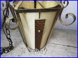 Vintage Retro MCM Hanging Light Fixture Brass Rattan Metal Swag Cylinder Pendant
