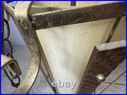 Vintage Retro MCM Hanging Light Fixture Brass Rattan Metal Swag Cylinder Pendant