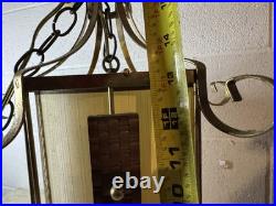 Vintage Retro MCM Hanging Light Fixture Brass Rattan Metal Swag Cylinder Pendant