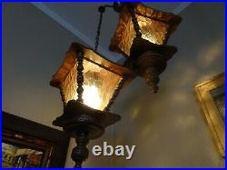 Vintage Retro MID Century Hanging Swag Lamp Light Amber Two Tier 17 Lanterns