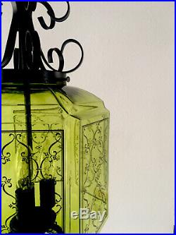 Vintage Retro Mid Century Modern Green Glass hanging Swag Lamp Light with Chain