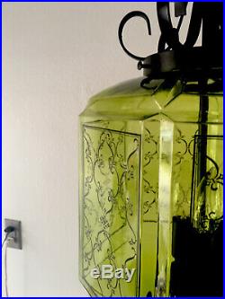 Vintage Retro Mid Century Modern Green Glass hanging Swag Lamp Light with Chain
