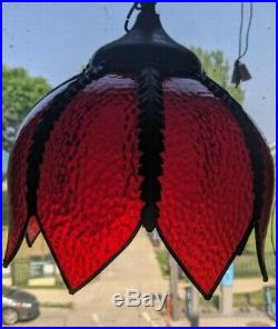 Vintage Retro Red Glass Hanging Swag Light Fixture Lamp