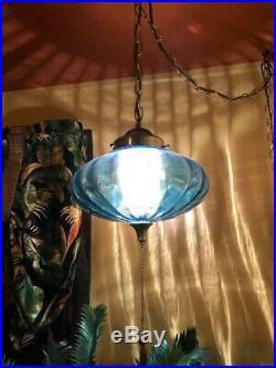 Vintage Retro Swag Light Blue & Brass Hanging Ceiling Lamp With Diffuser