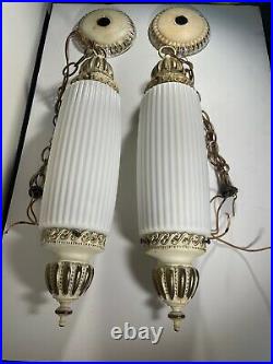 Vintage Ribbed Hollywood Regency Gold & White Hanging Pendant Lamps Swag 60's