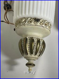 Vintage Ribbed Hollywood Regency Gold & White Hanging Pendant Lamps Swag 60's