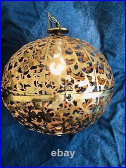 Vintage Round Japanese Pierced Brass Hanging Electric Pendant Lantern Swag Lamp