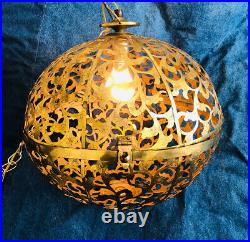 Vintage Round Japanese Pierced Brass Hanging Electric Pendant Lantern Swag Lamp