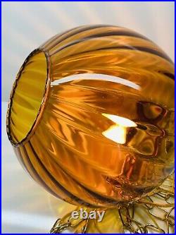 Vintage Round Open Bottom Optic Amber Glass Hanging Swag Lamp 12 Diameter