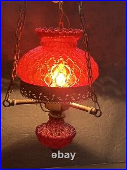 Vintage Ruby Glass & Metal Ceiling Hanging Hurricane Lavery Light Fixture Lamp