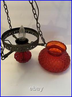 Vintage Ruby Glass & Metal Ceiling Hanging Hurricane Lavery Light Fixture Lamp
