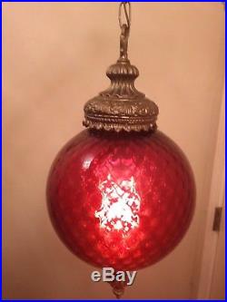 Vintage Ruby Red Cranberry Glass Swag Hanging Lamp Light Re-Wired NOT PAINT