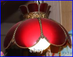 Vintage Ruby Red Glass Scalloped Antiqued Beaded Metal Hanging 19Swag Lamp 1970
