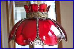 Vintage Ruby Red Glass Scalloped Antiqued Beaded Metal Hanging Swag Lamp 18