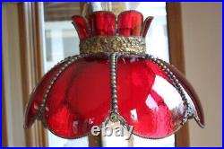 Vintage Ruby Red Glass Scalloped Antiqued Brass Beaded Metal Swag Lamp 70