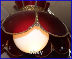 Vintage Ruby Red Glass Scalloped Antiqued Brass Beaded Metal Swag Lamp 70