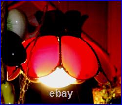 Vintage Ruby Red Glass Scalloped Antiqued Brass Beaded Swag Lamp White Cord 1970