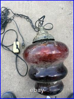Vintage Ruby Red Glass Swag Lamp Hanging MCM Retro