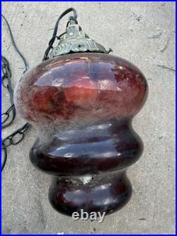 Vintage Ruby Red Glass Swag Lamp Hanging MCM Retro