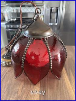 Vintage Ruby Red Glass Tulip Shade Hanging Ceiling Light Lamp MCM
