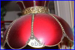 Vintage Ruby Red Scalloped Swag Lamp Glass Antiqued Beaded Metal Design
