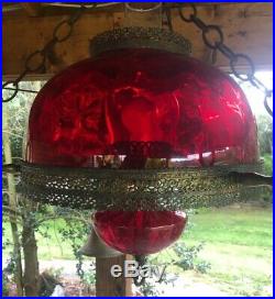 Vintage Ruby Thumbprint Glass Hanging Oil Lamp Electrified
