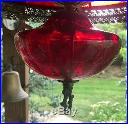 Vintage Ruby Thumbprint Glass Hanging Oil Lamp Electrified