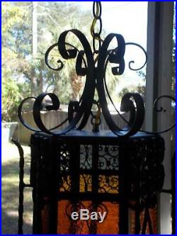 Vintage SPANISH HANGING SWAG LAMP black wrought iron amber glass panels 24.5