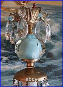 Vintage SWAG Blue aqua opaline beads Brass hanging lamp chandelier crystal prism