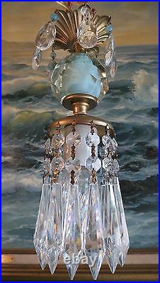 Vintage SWAG Blue aqua opaline beads Brass hanging lamp chandelier crystal prism