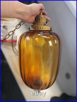 Vintage SWAG Lamp / Mid-Century Large Amber Hanging Swag Lamp 1970'sAmber Glass