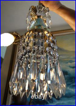 Vintage SWAG plugin Blue aqua Brass hanging lamp chandelier crystal prisms