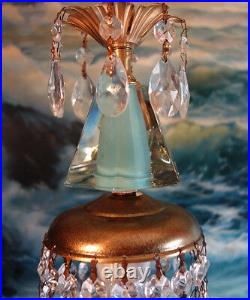 Vintage SWAG plugin Blue aqua Brass hanging lamp chandelier crystal prisms