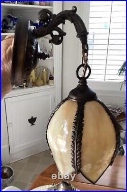 Vintage Slag Beige Glass Petal Shape Retro Hanging Lamp MCM