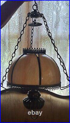 Vintage Slag Glass & Brass Hanging Lamp Chimney Lighting Cream Caramel