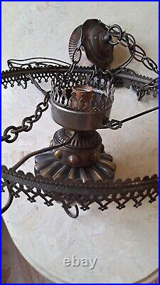 Vintage Slag Glass & Brass Hanging Lamp Chimney Lighting Cream Caramel