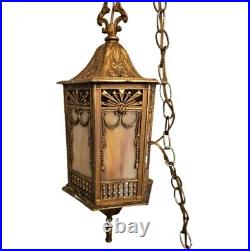 Vintage Slag Glass & Gold Metal Hanging Lamp Boho 18