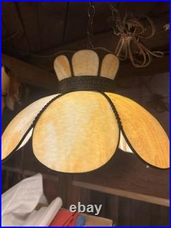 Vintage Slag Glass Hanging Lamp Caramel Cream Panels 19.5 Wide -Mid-Century