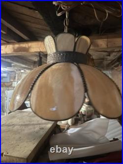 Vintage Slag Glass Hanging Lamp Caramel Cream Panels 19.5 Wide -Mid-Century