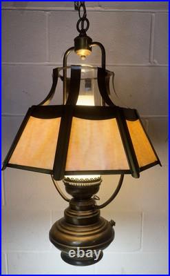 Vintage Slag Glass Hanging Oil Light Fixture Brass Tone Swag Hurricane Lamp
