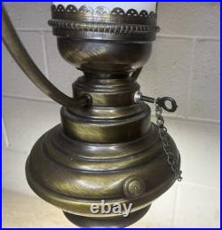 Vintage Slag Glass Hanging Oil Light Fixture Brass Tone Swag Hurricane Lamp