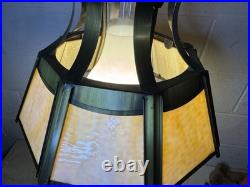 Vintage Slag Glass Hanging Oil Light Fixture Brass Tone Swag Hurricane Lamp